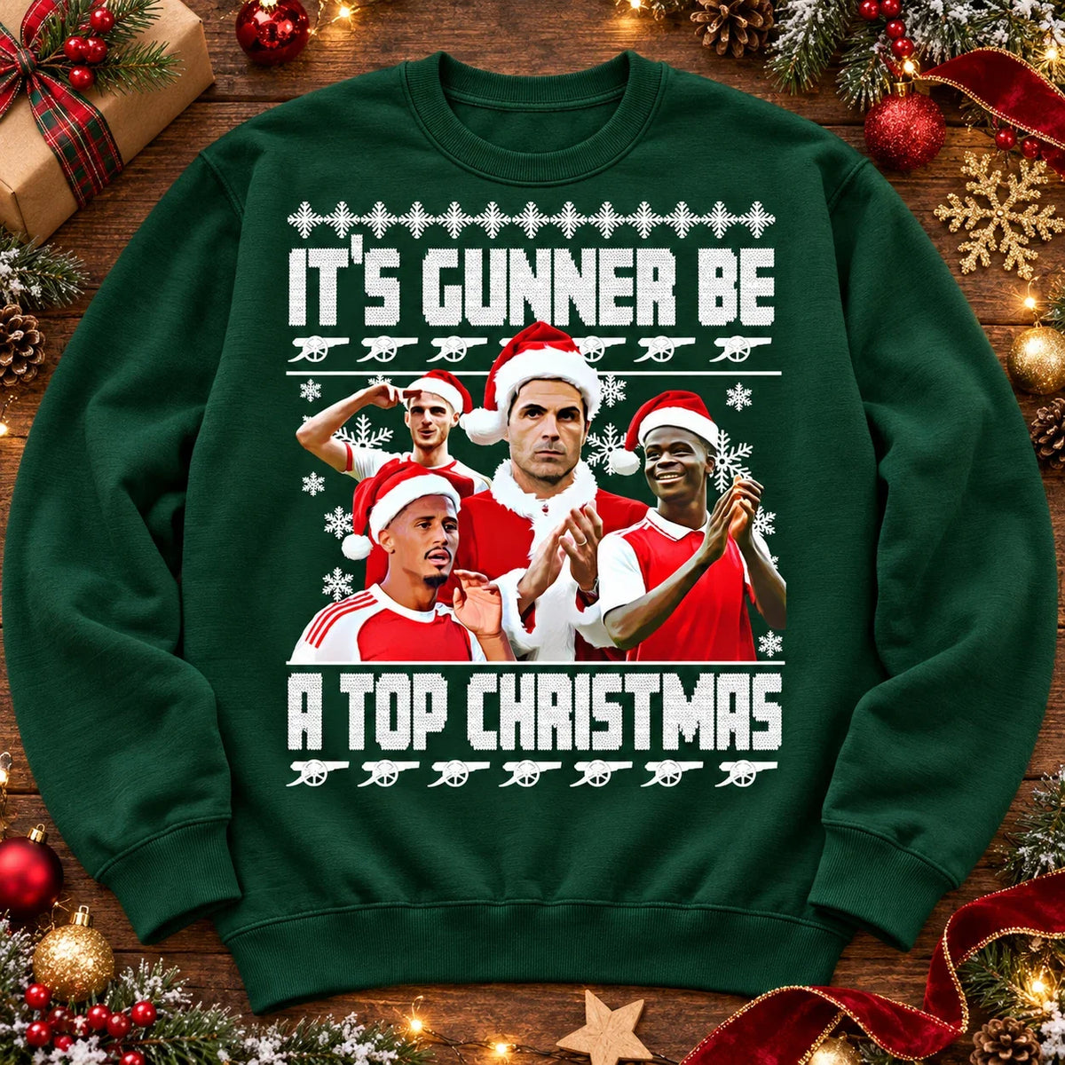 Bottle Green Gunners Christmas jumper festive Christmas flat lay