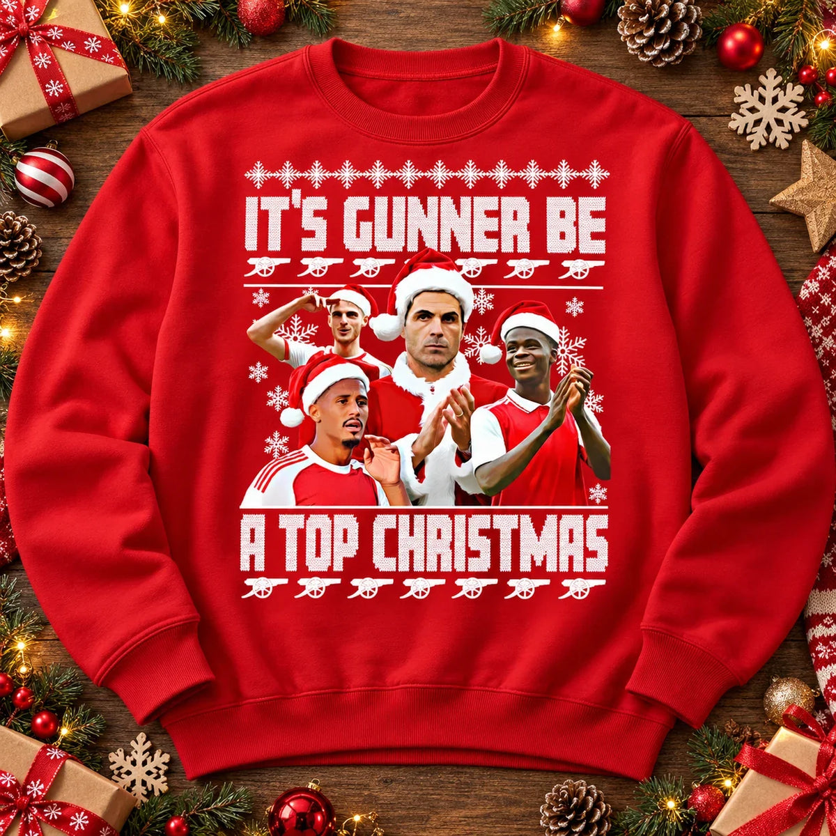 Fire Red Gunners Christmas jumper festive Christmas flat lay