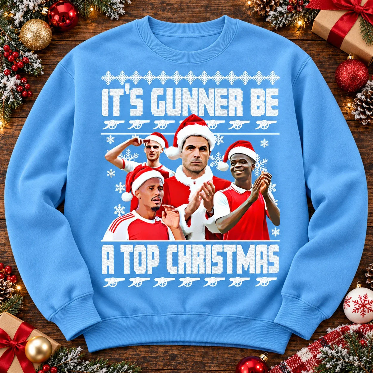 Sky Blue Gunners Christmas jumper festive Christmas flat lay