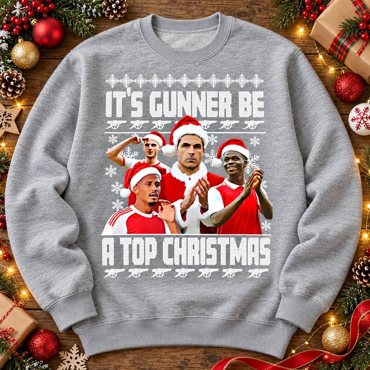 Heather Grey Gunners Christmas jumper festive Christmas flat lay