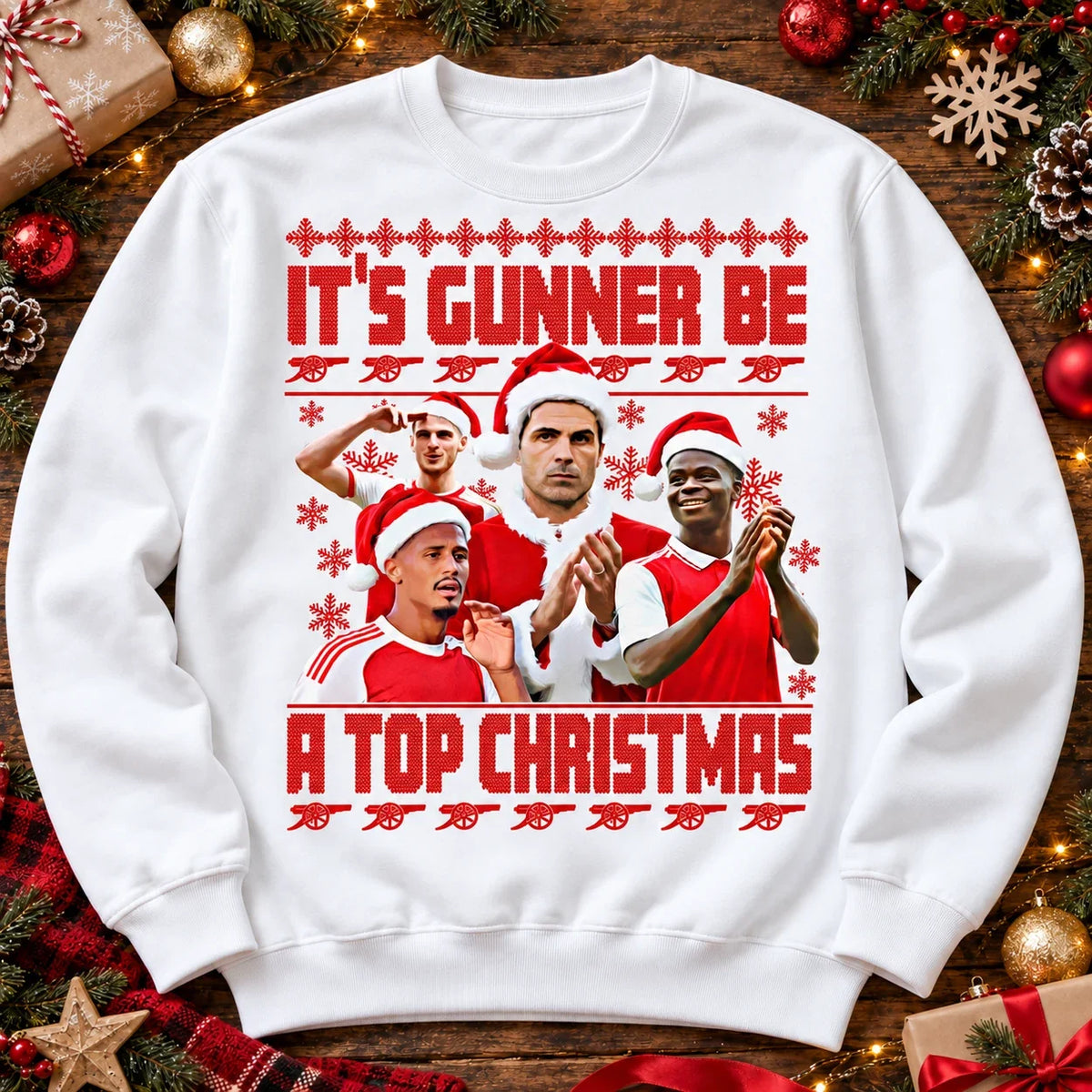 White Gunners Christmas jumper festive flat lay with red print
