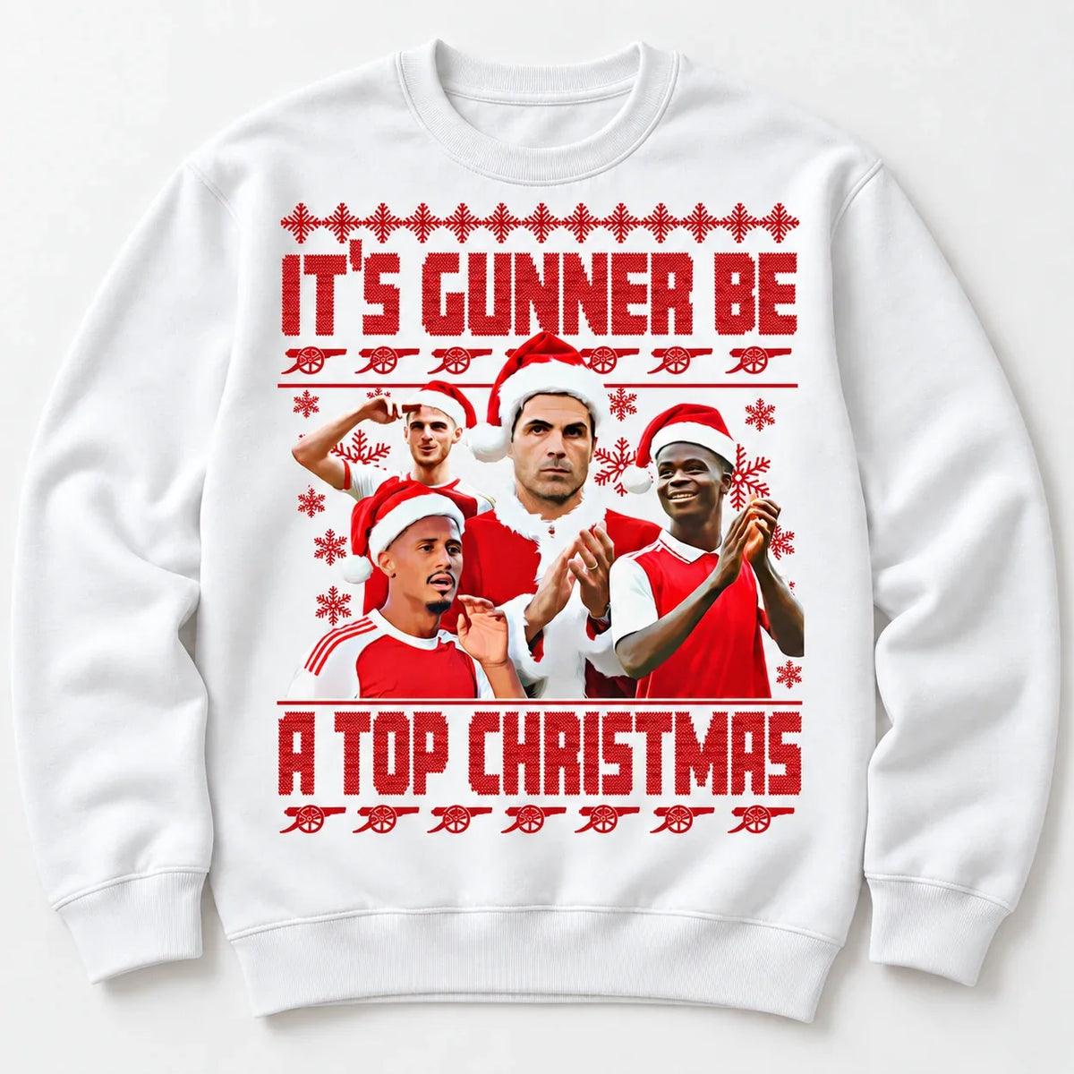 White Gunners Christmas jumper studio flat lay with red print