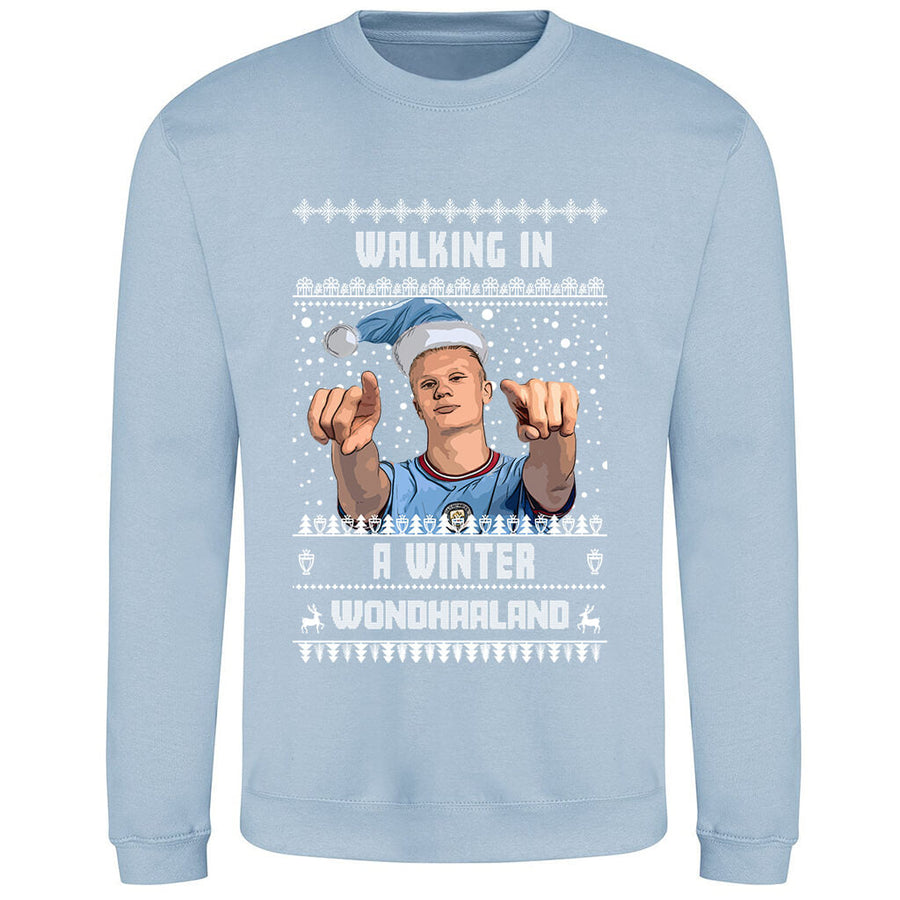 Sky blue Erling Haaland Walking in a Winter WondHaaland Christmas jumper