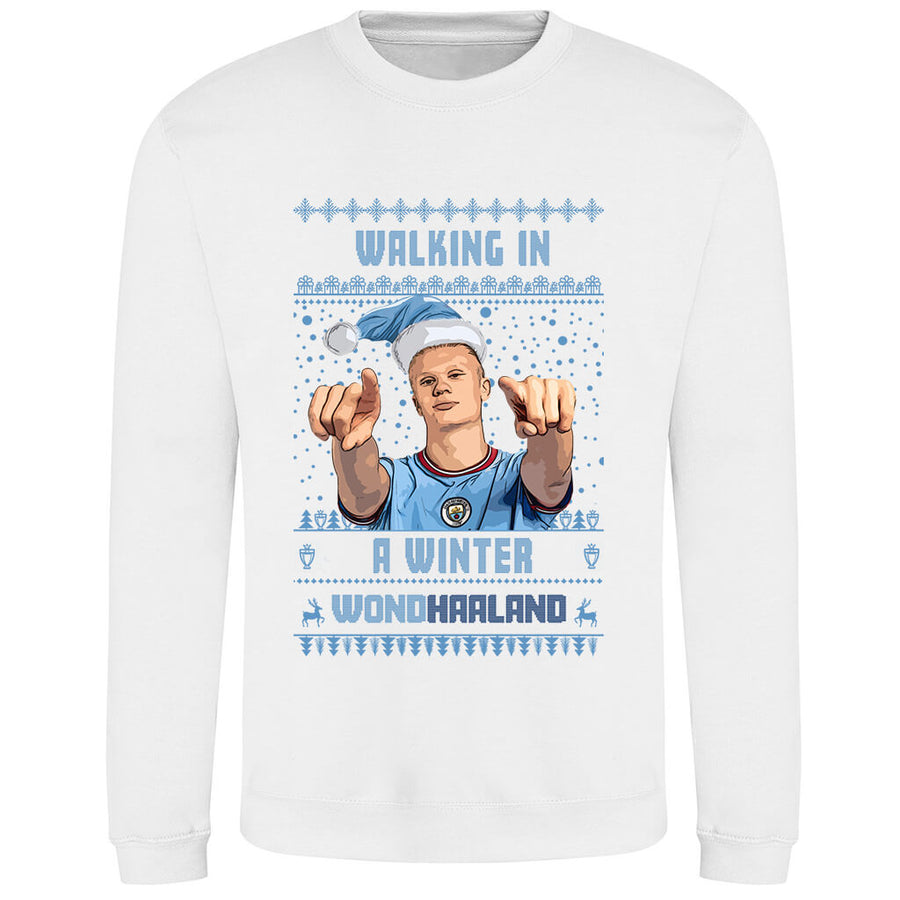 White Erling Haaland Walking in a Winter WondHaaland Christmas jumper