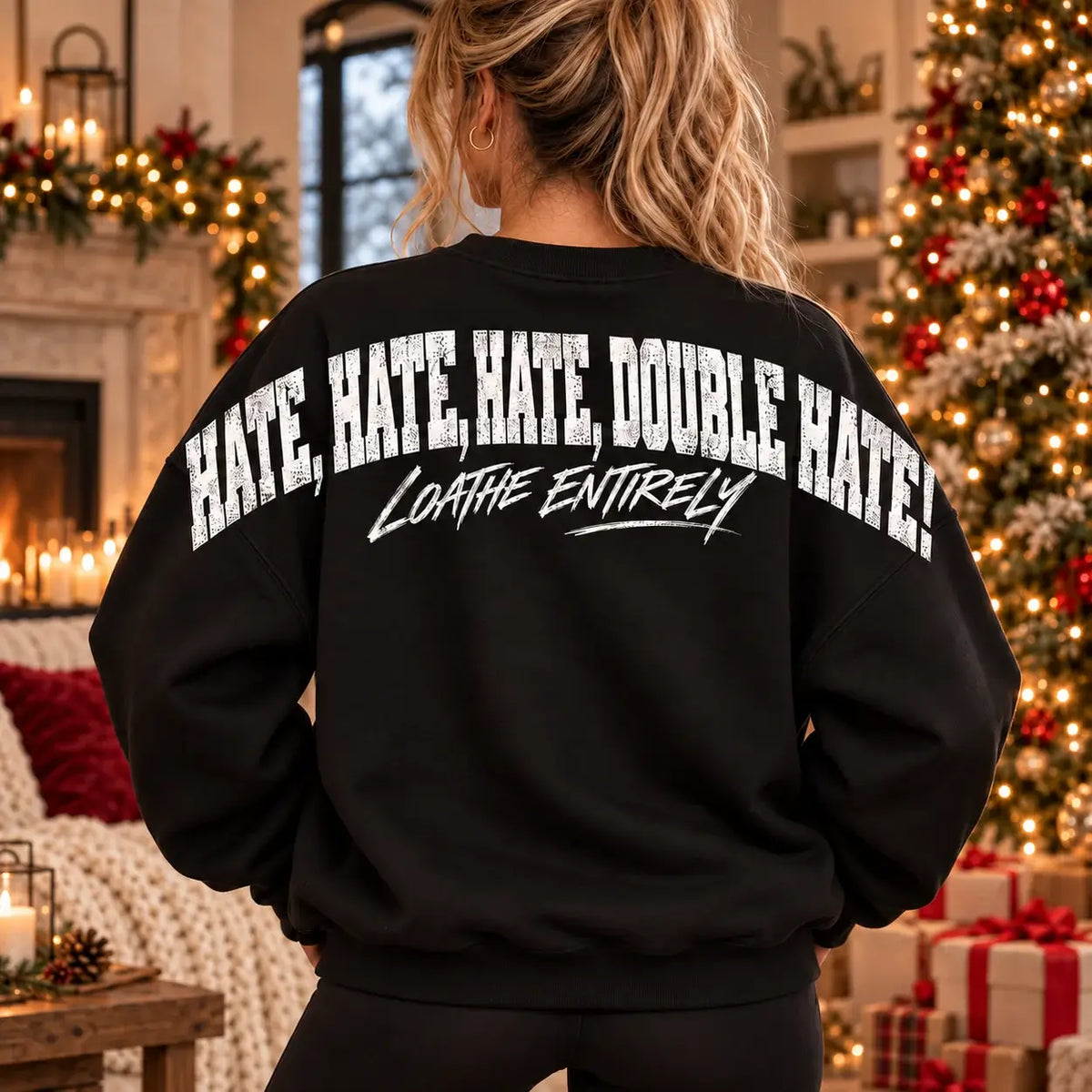 Black crew neck jumper with large back print Hate Hate Hate Double Hate Loathe Entirely Christmas slogan, Printora