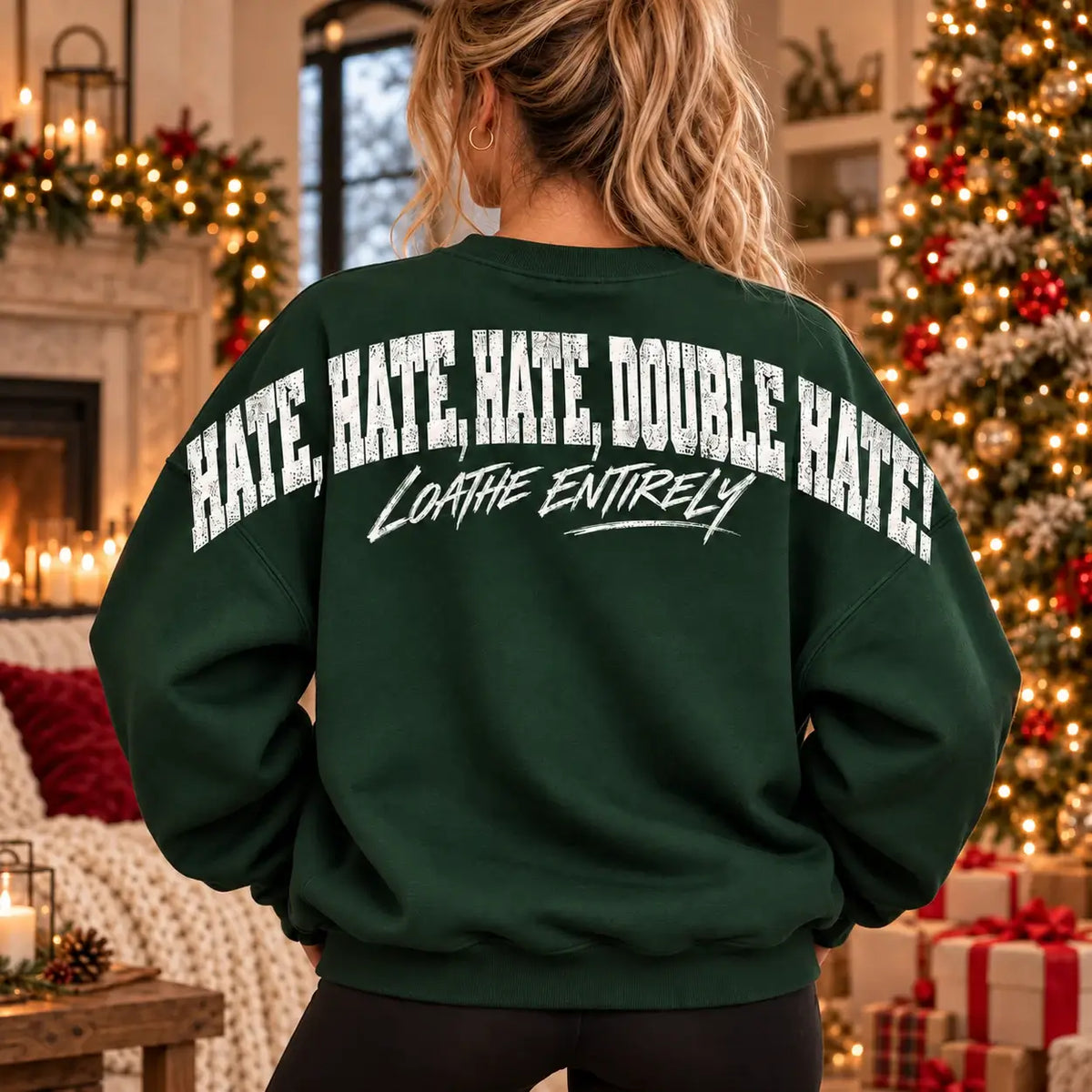 Bottle Green crew neck jumper with large back print Hate Hate Hate Double Hate Loathe Entirely Christmas slogan, Printora