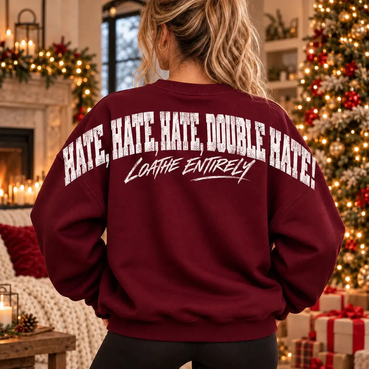 Burgundy crew neck jumper with large back print Hate Hate Hate Double Hate Loathe Entirely Christmas slogan, Printora