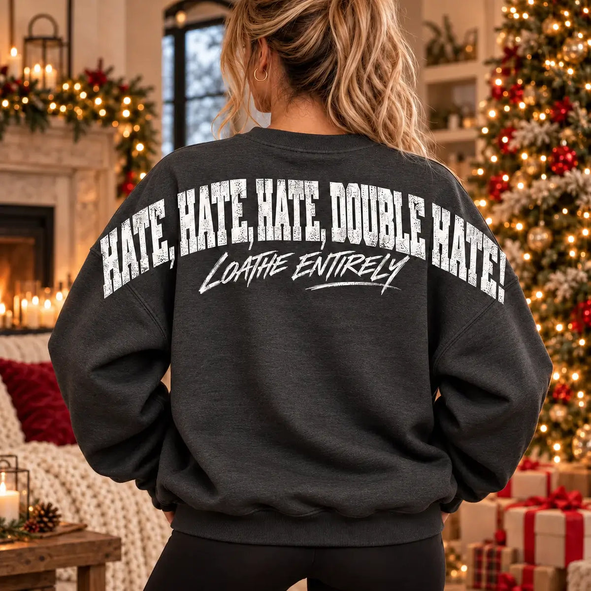 Charcoal crew neck jumper with large back print Hate Hate Hate Double Hate Loathe Entirely Christmas slogan, Printora