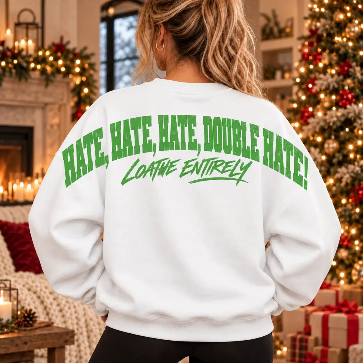 White crew neck jumper with large back print Hate Hate Hate Double Hate Loathe Entirely Christmas slogan, Printora