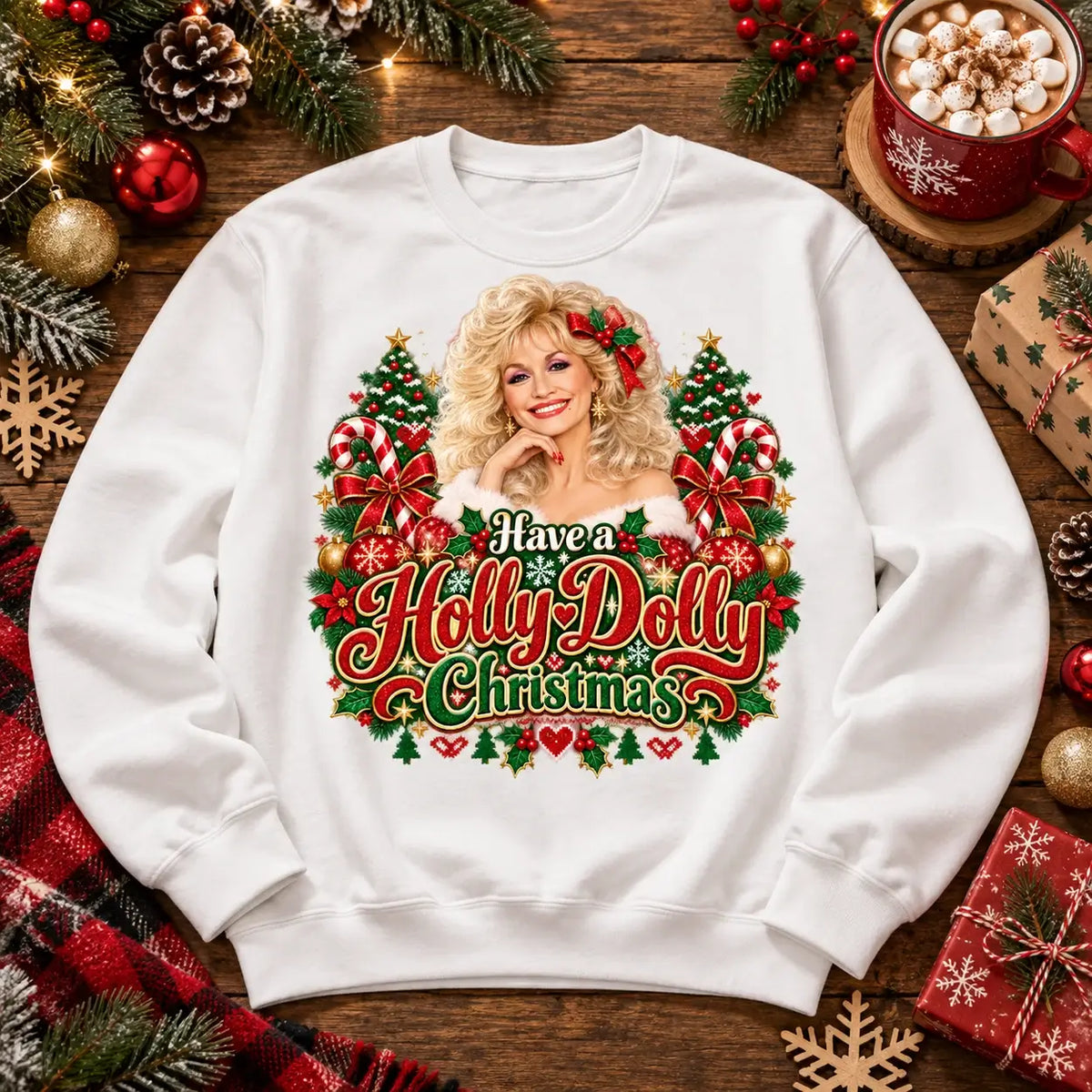 White Have a Holly Dolly Christmas jumper festive flat lay