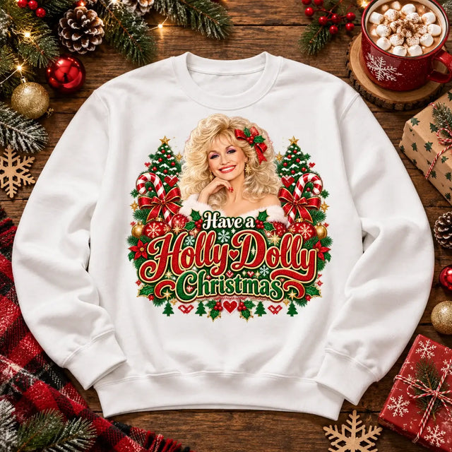 White Have a Holly Dolly Christmas jumper festive flat lay