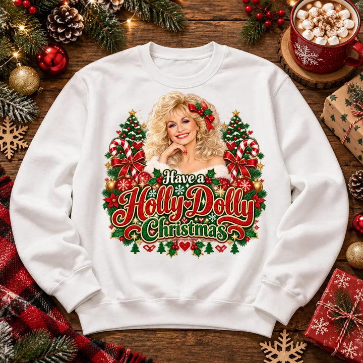 White Have a Holly Dolly Christmas jumper festive flat lay