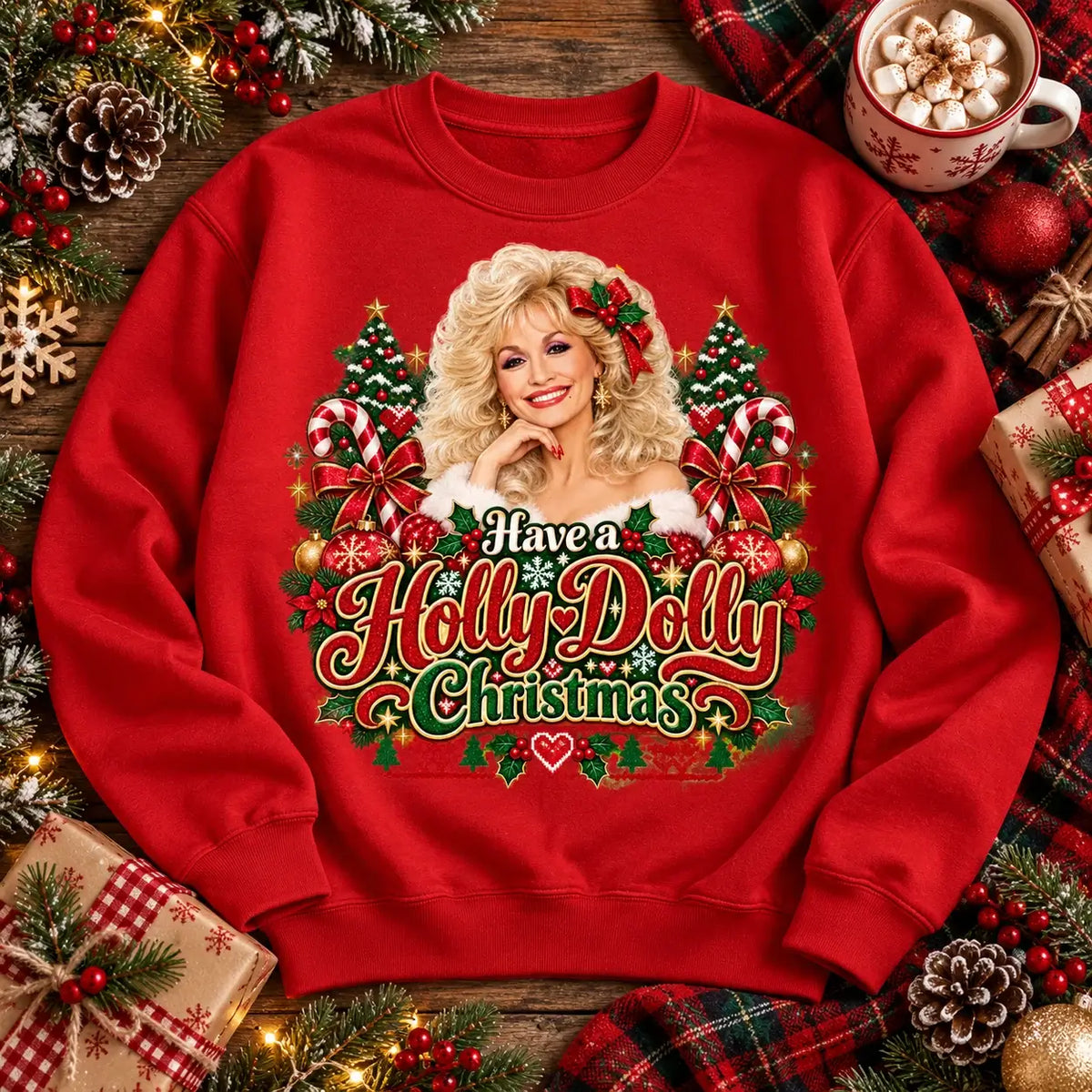 Fire Red Have a Holly Dolly Christmas jumper festive flat lay