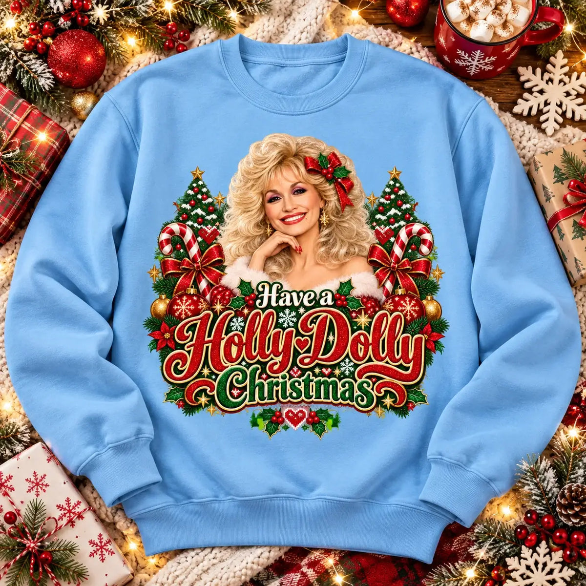Sky Blue Have a Holly Dolly Christmas jumper festive flat lay