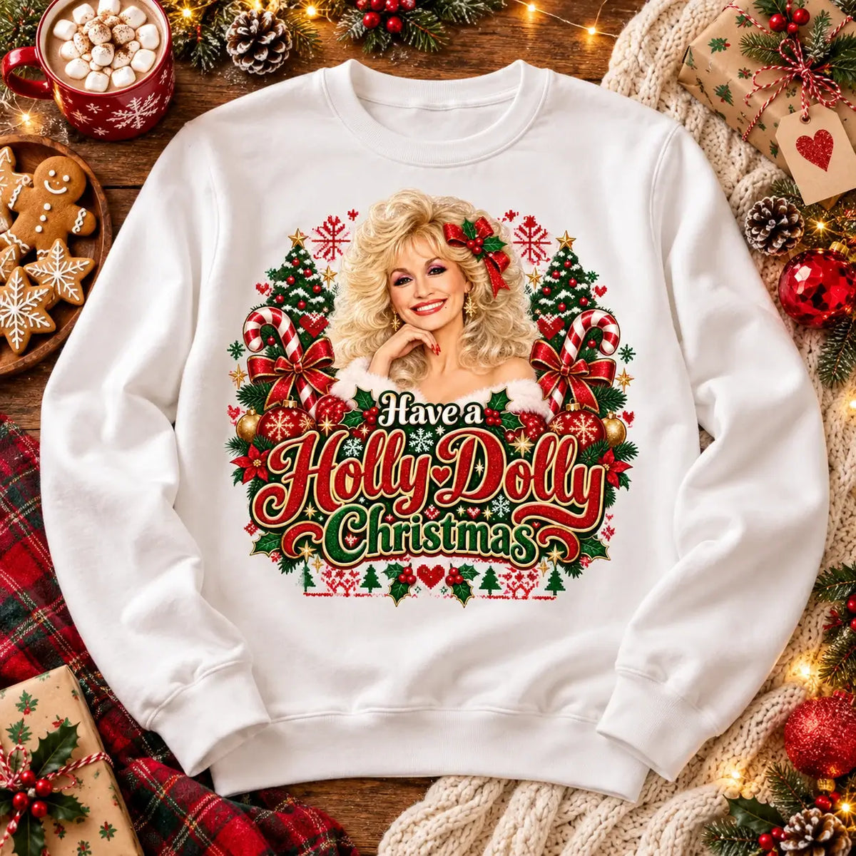 White Have a Holly Dolly Christmas jumper alternate festive flat lay