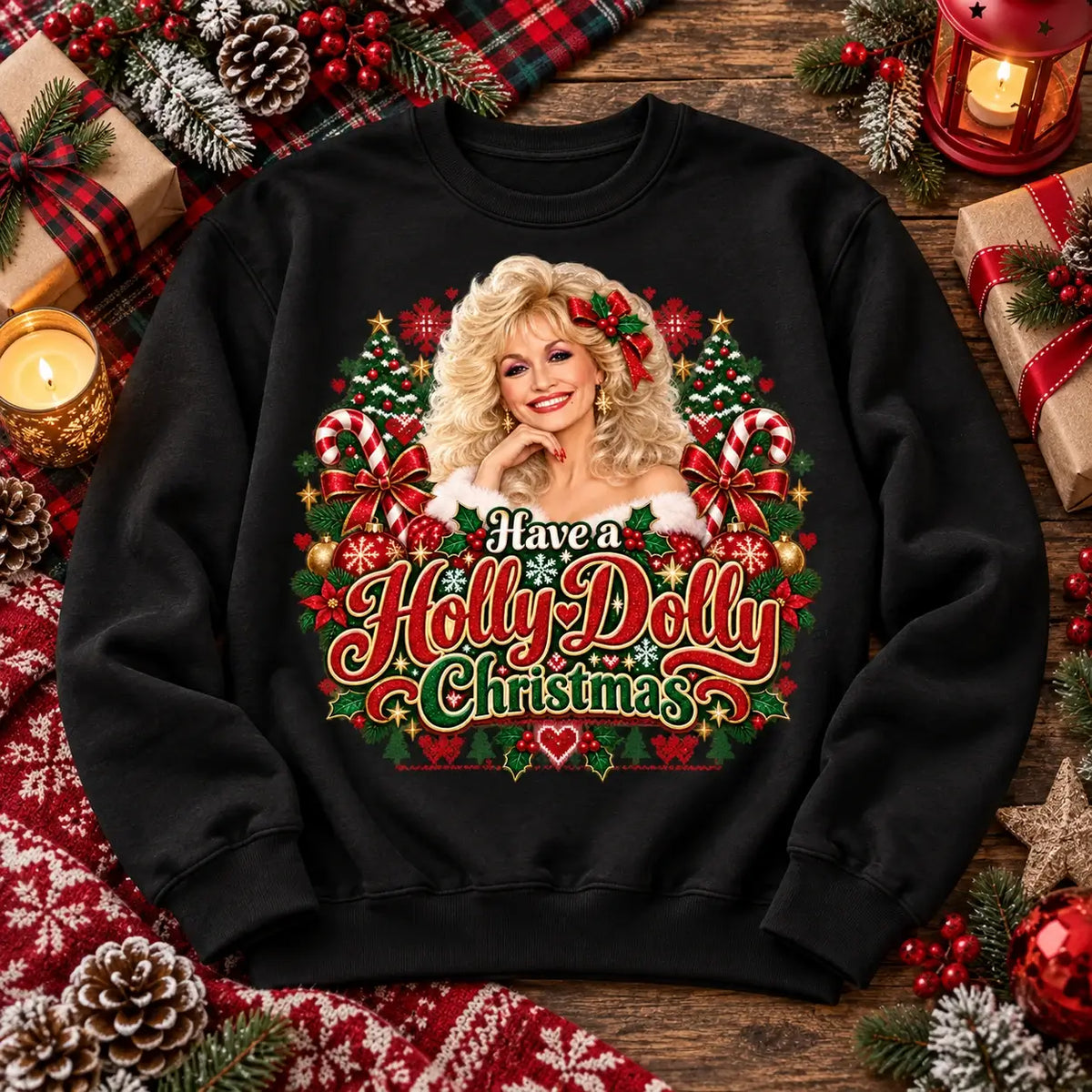 Black Have a Holly Dolly Christmas jumper festive flat lay