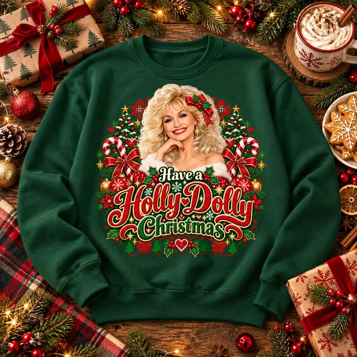 Bottle Green Have a Holly Dolly Christmas jumper alternate festive flat lay