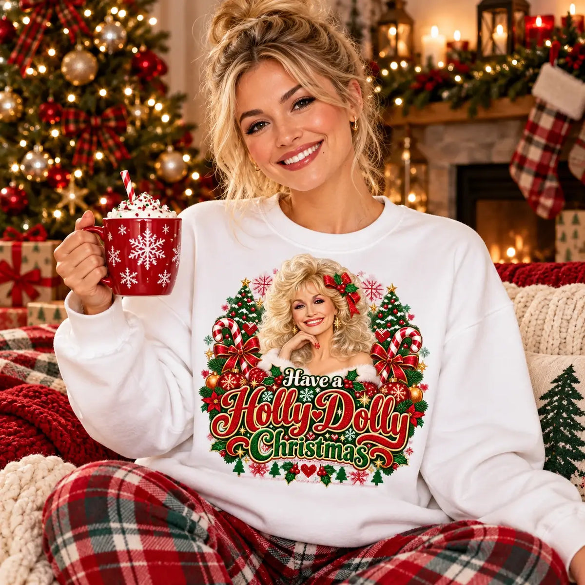 Model wearing a Have a Holly Dolly Christmas jumper in a festive Christmas setting