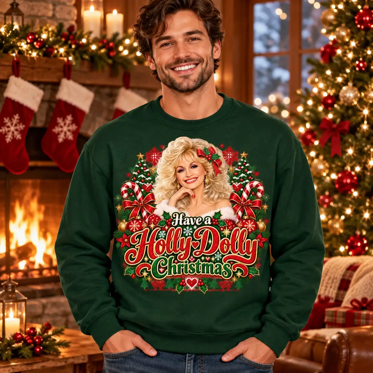 Model wearing a Have a Holly Dolly Christmas jumper in a festive Christmas setting