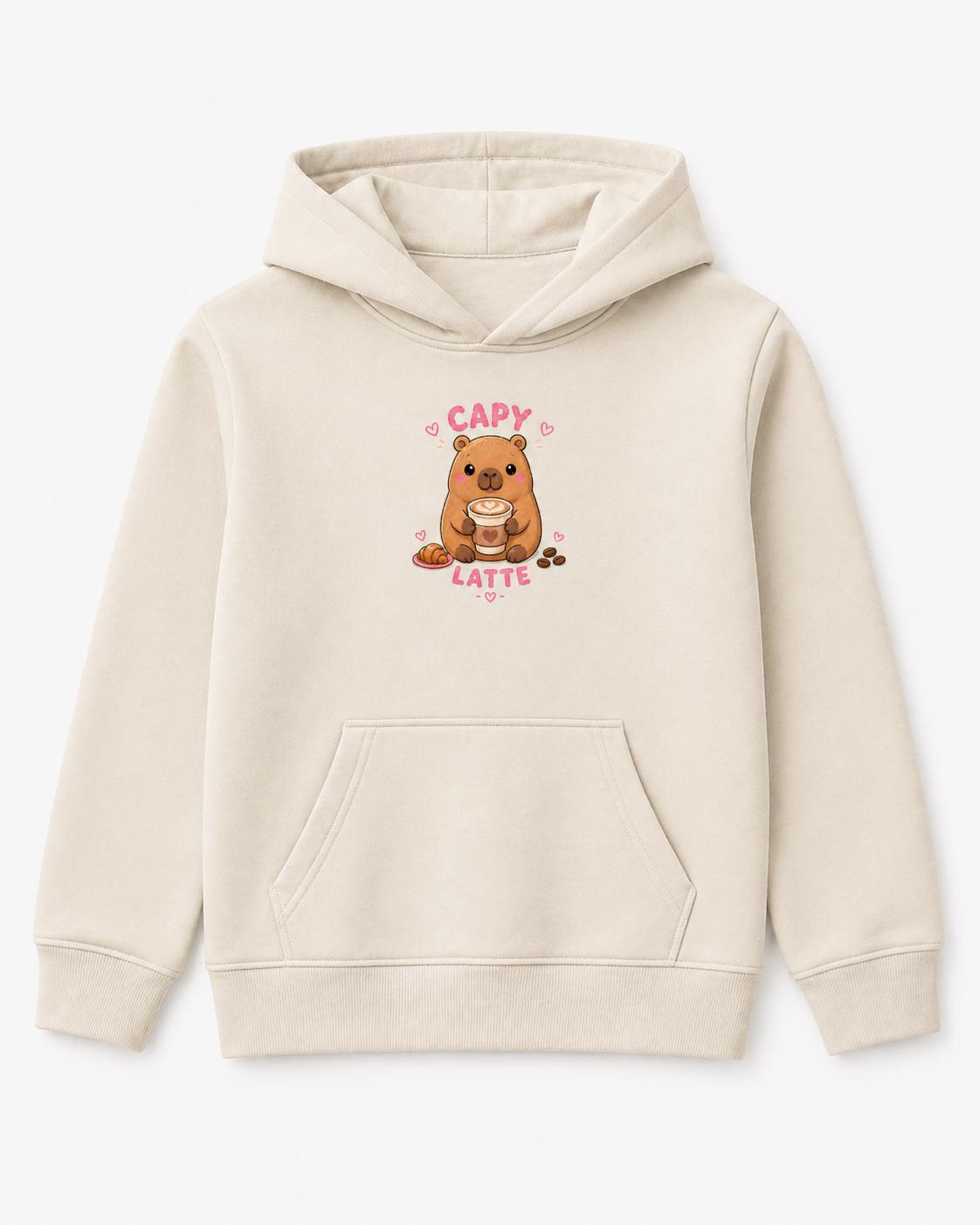 Capy Latte capybara hoodie front print detail