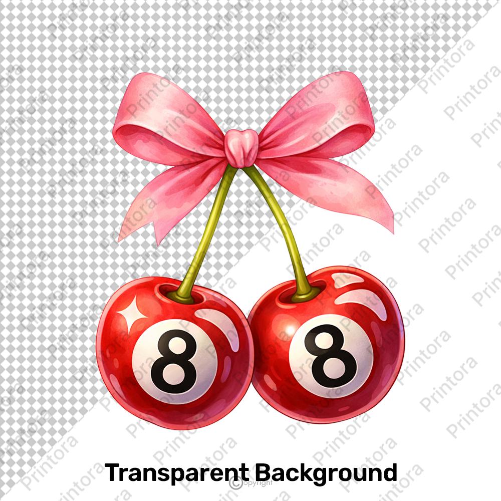 Pink bow and glossy 8-ball cherries digital PNG design preview