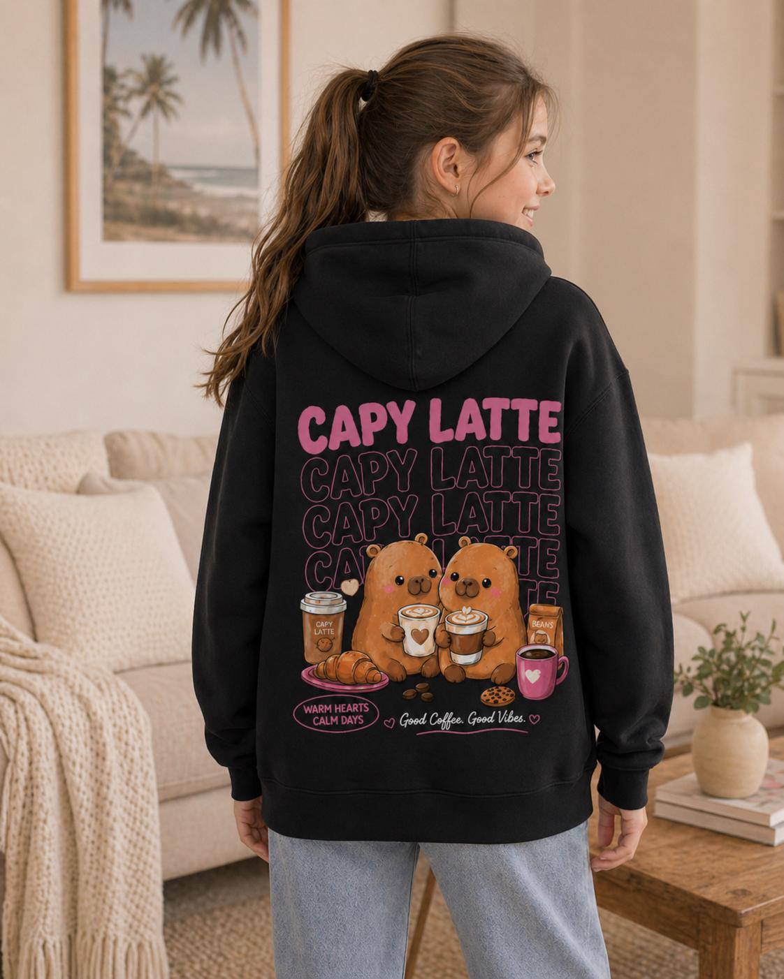 Capy Latte kawaii capybara hoodie lifestyle image