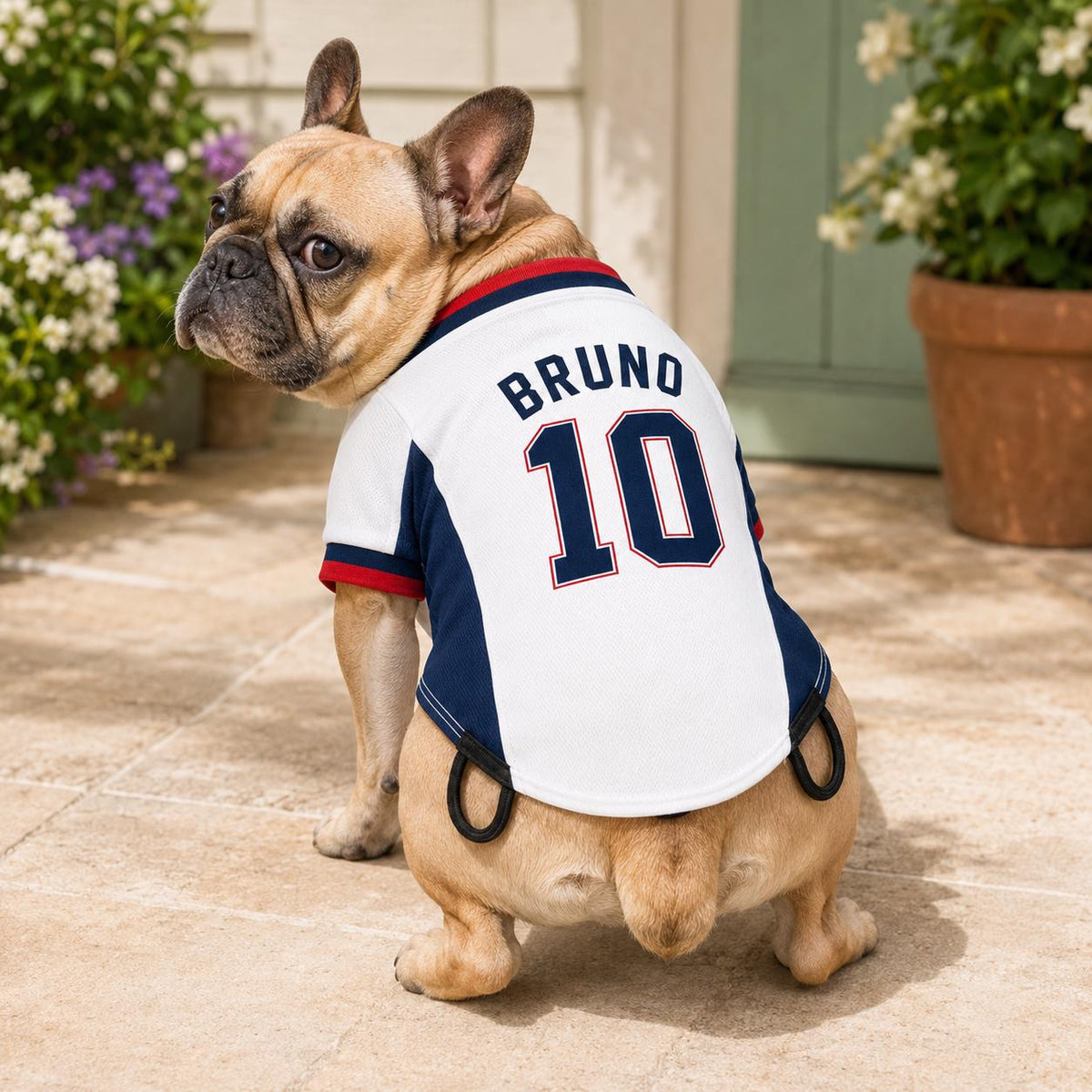 Dog wearing personalised England football T-shirt with custom name and number