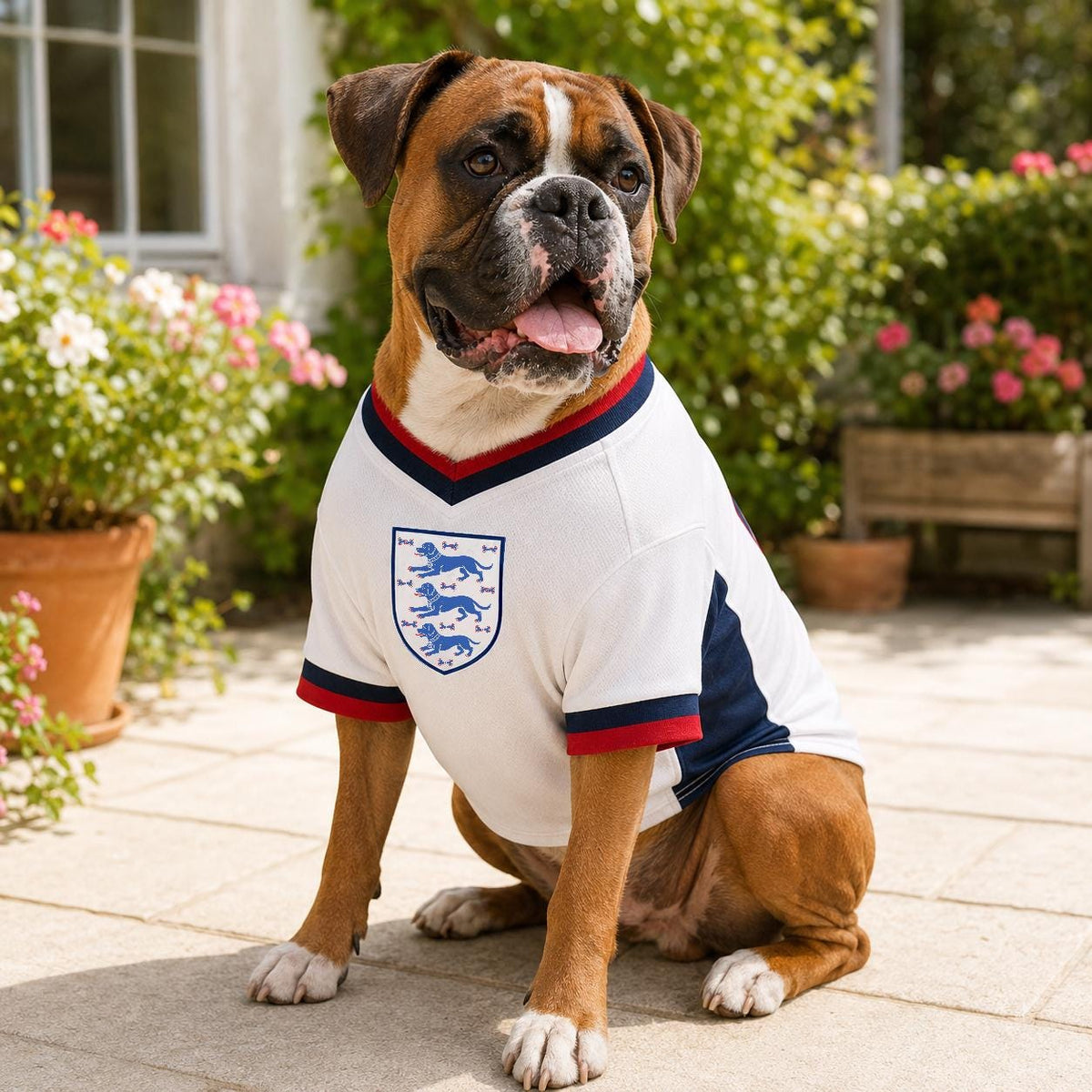 Custom name and number England-inspired dog football shirt lifestyle image