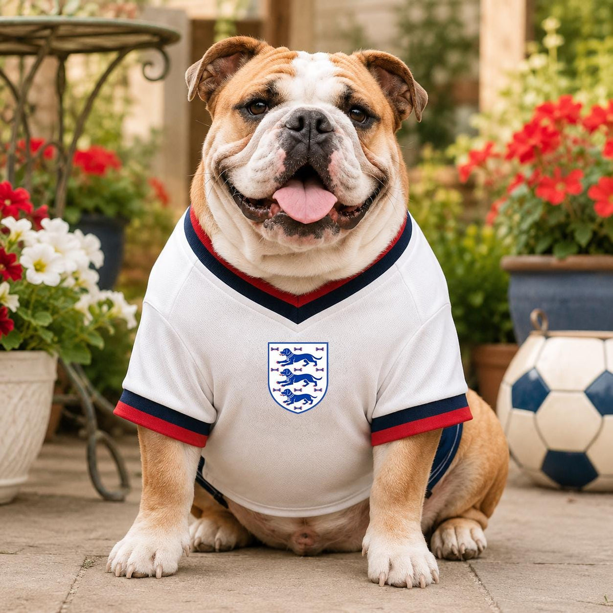 Personalised England-inspired dog football shirt with custom name and number