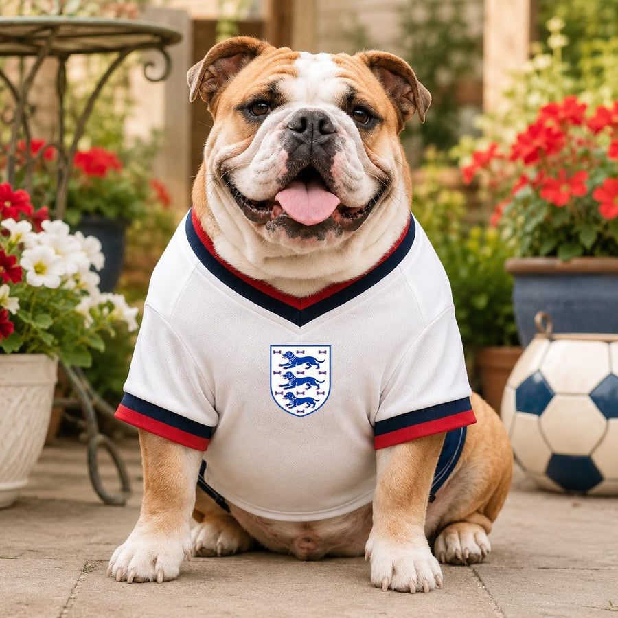 Personalised England-inspired dog football shirt with custom name and number