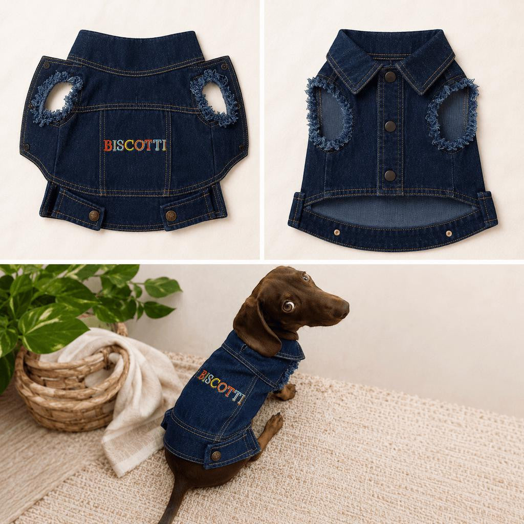 Custom name dog denim jacket lifestyle mockup