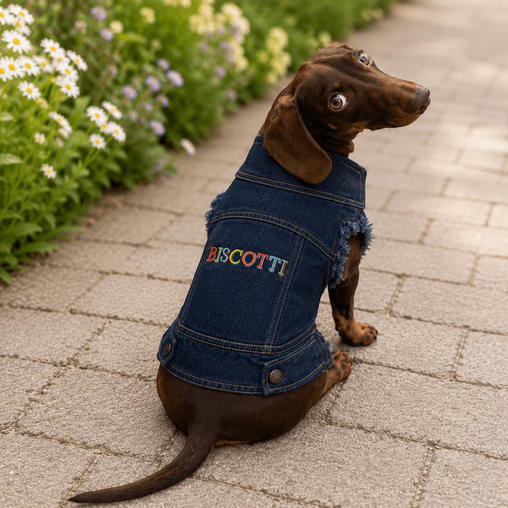 Personalised dog denim jacket rear view showing name embroidery