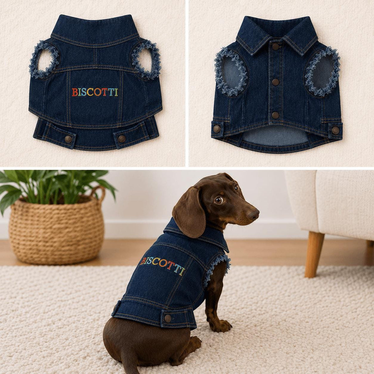 Personalised dog jacket denim fabric and embroidery detail