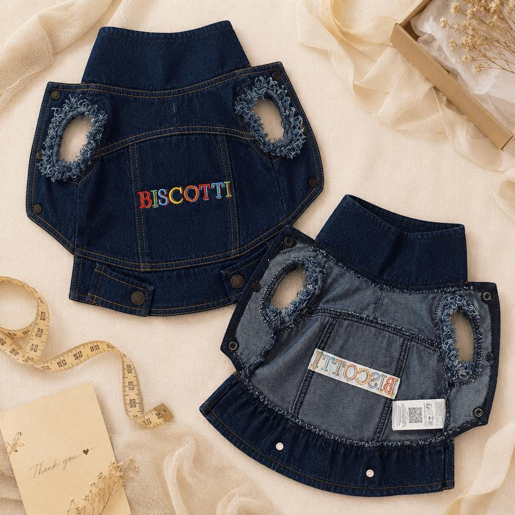 Embroidered pet name detail on personalised dog denim jacket