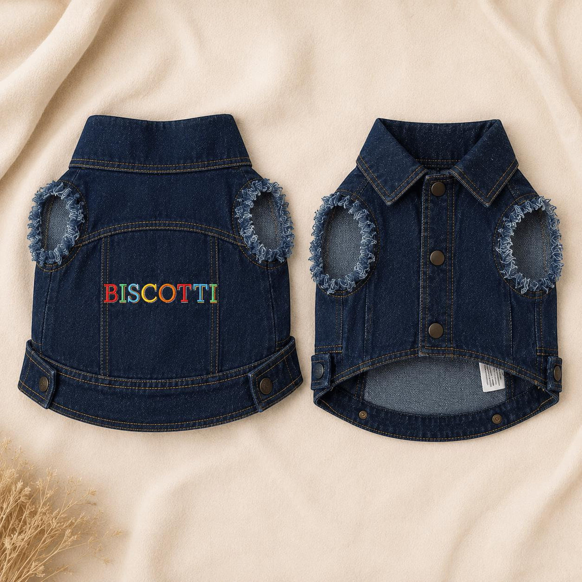 Custom dog denim jacket product mockup with embroidered name