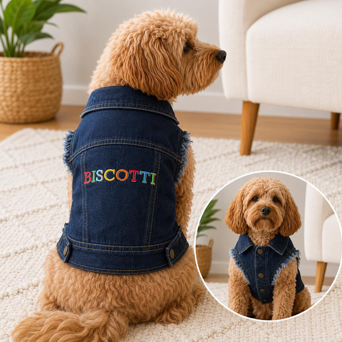 Personalised dog denim jacket with embroidered pet name product image