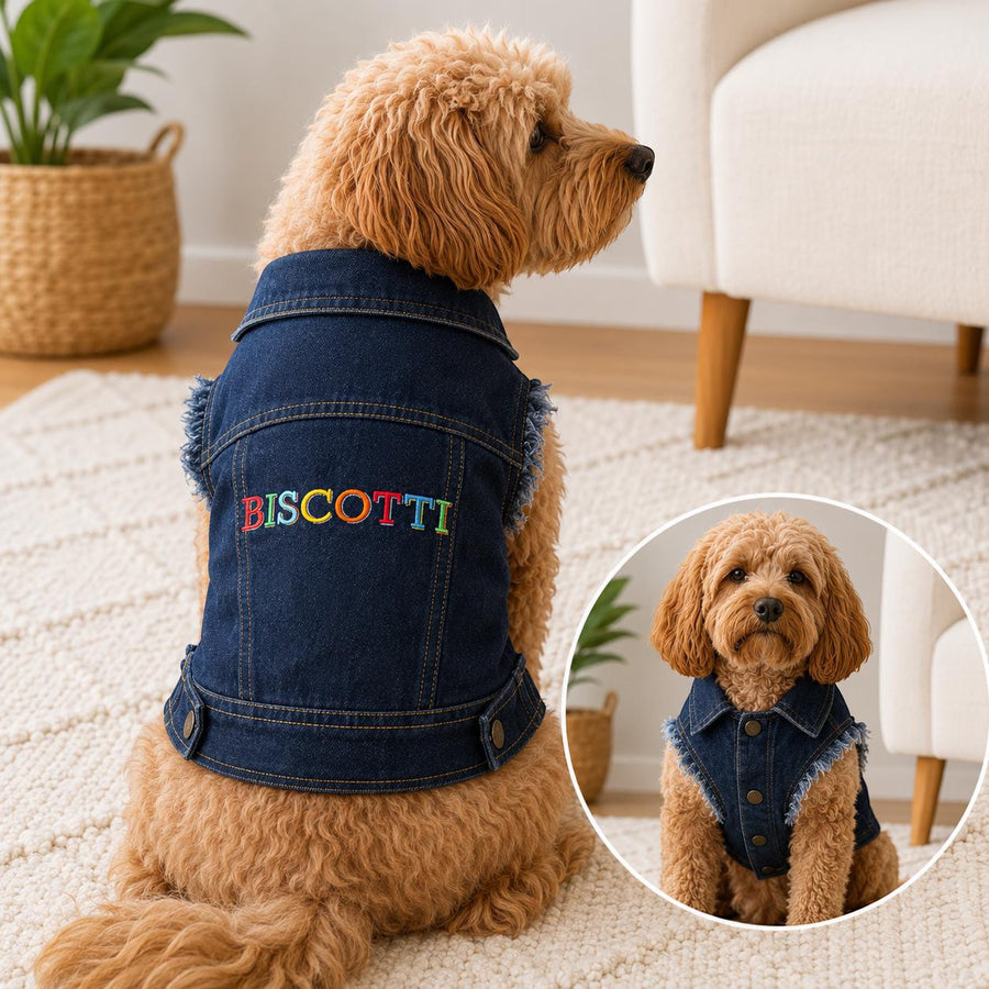 Personalised dog denim jacket with embroidered pet name product image
