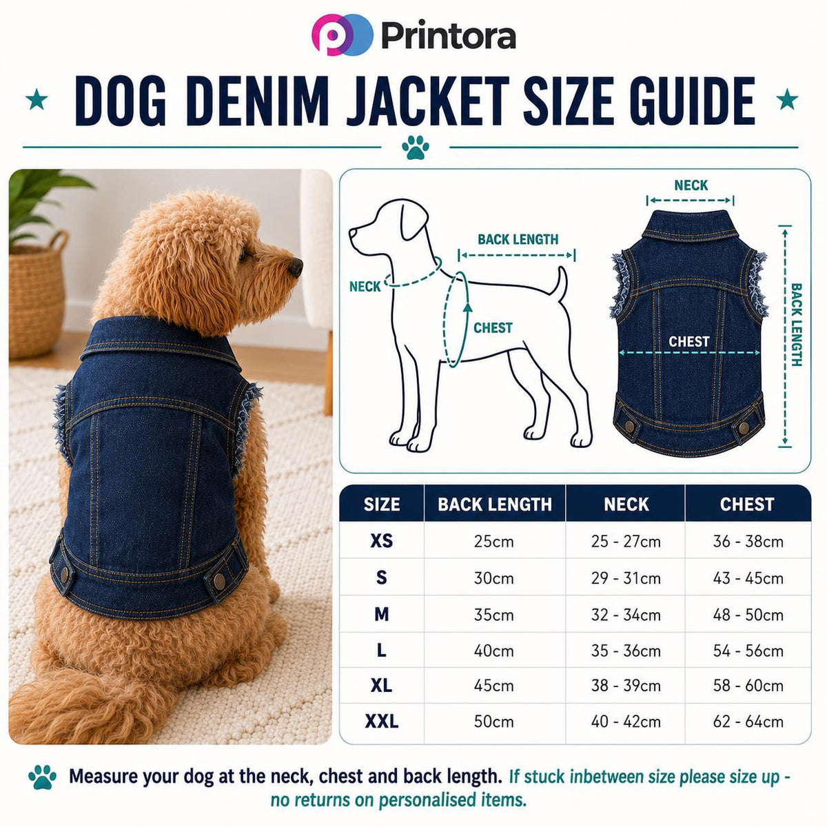 Dog denim jacket personalised with colourful name embroidery