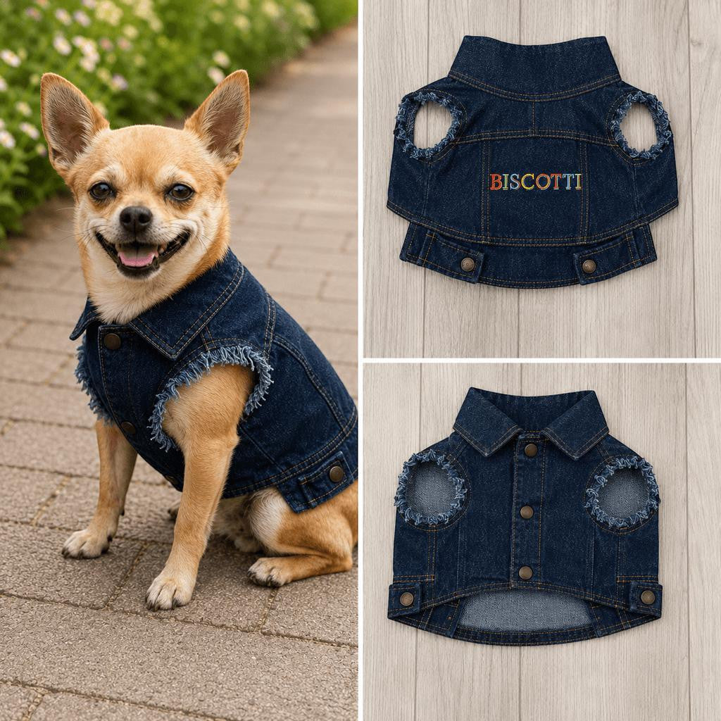 Dog wearing custom embroidered denim jacket lifestyle image