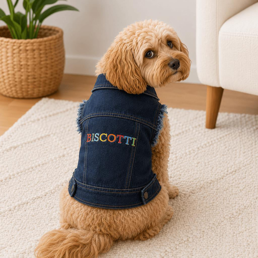 Custom embroidered dog denim jacket lifestyle image