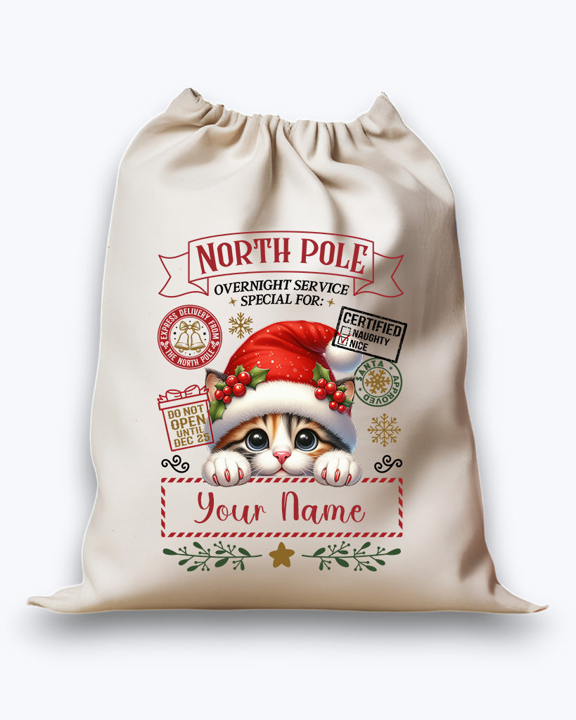 Personalised DTF Printed Christmas Sack - Cute Kitten Design 40cm x 61.5cm