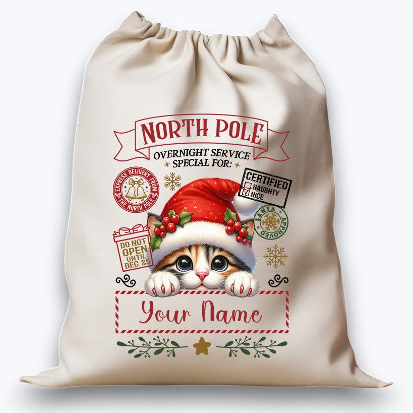 Personalised DTF Printed Christmas Sack - Cute Kitten Design 40cm x 61.5cm