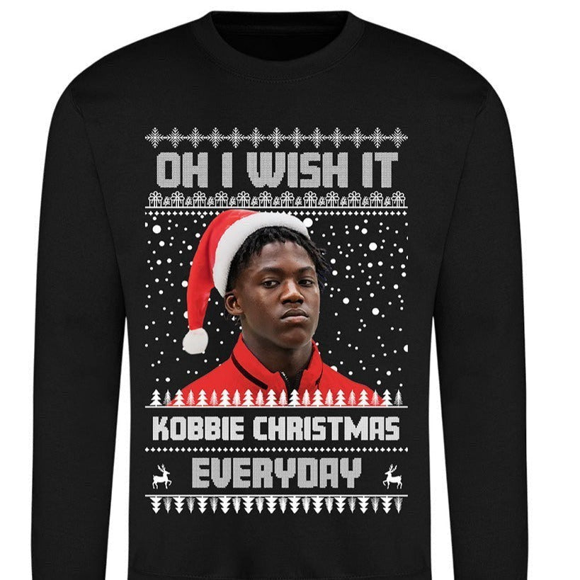 Kobbie Mainoo Christmas Jumper - "Oh I Wish It Could Kobbie Christmas Everyday" for Manchester Utd Fans - Sizes & Colors Available