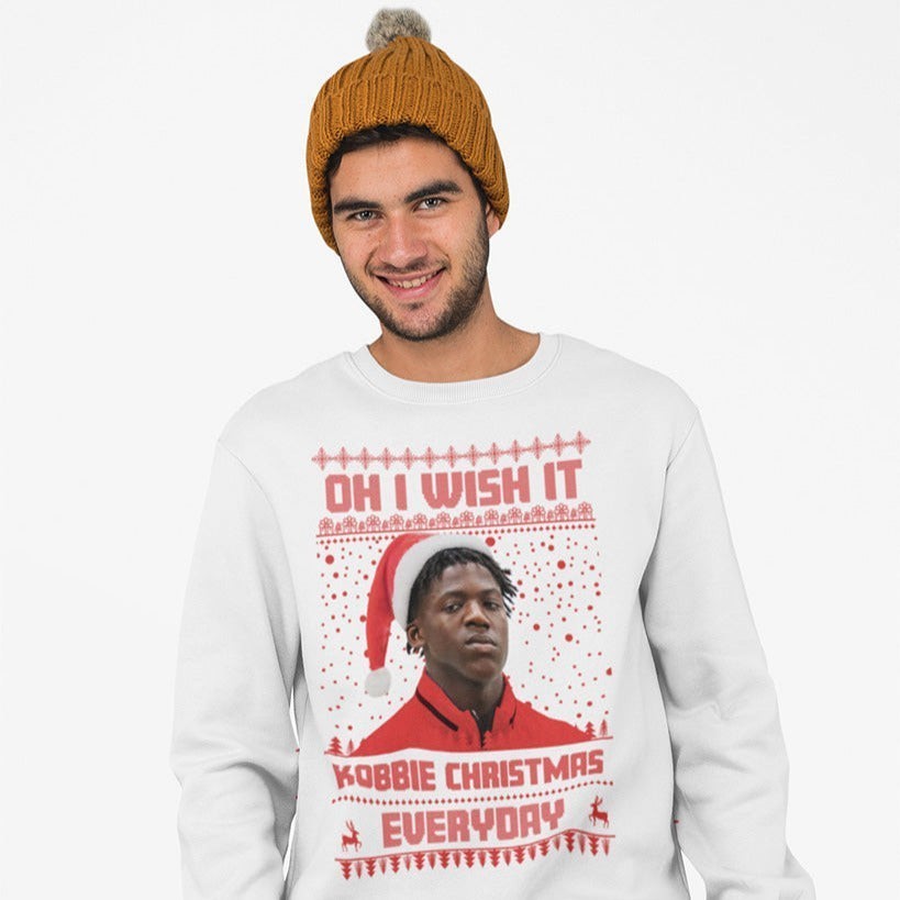 White Kobbie Mainoo Christmas jumper lifestyle image