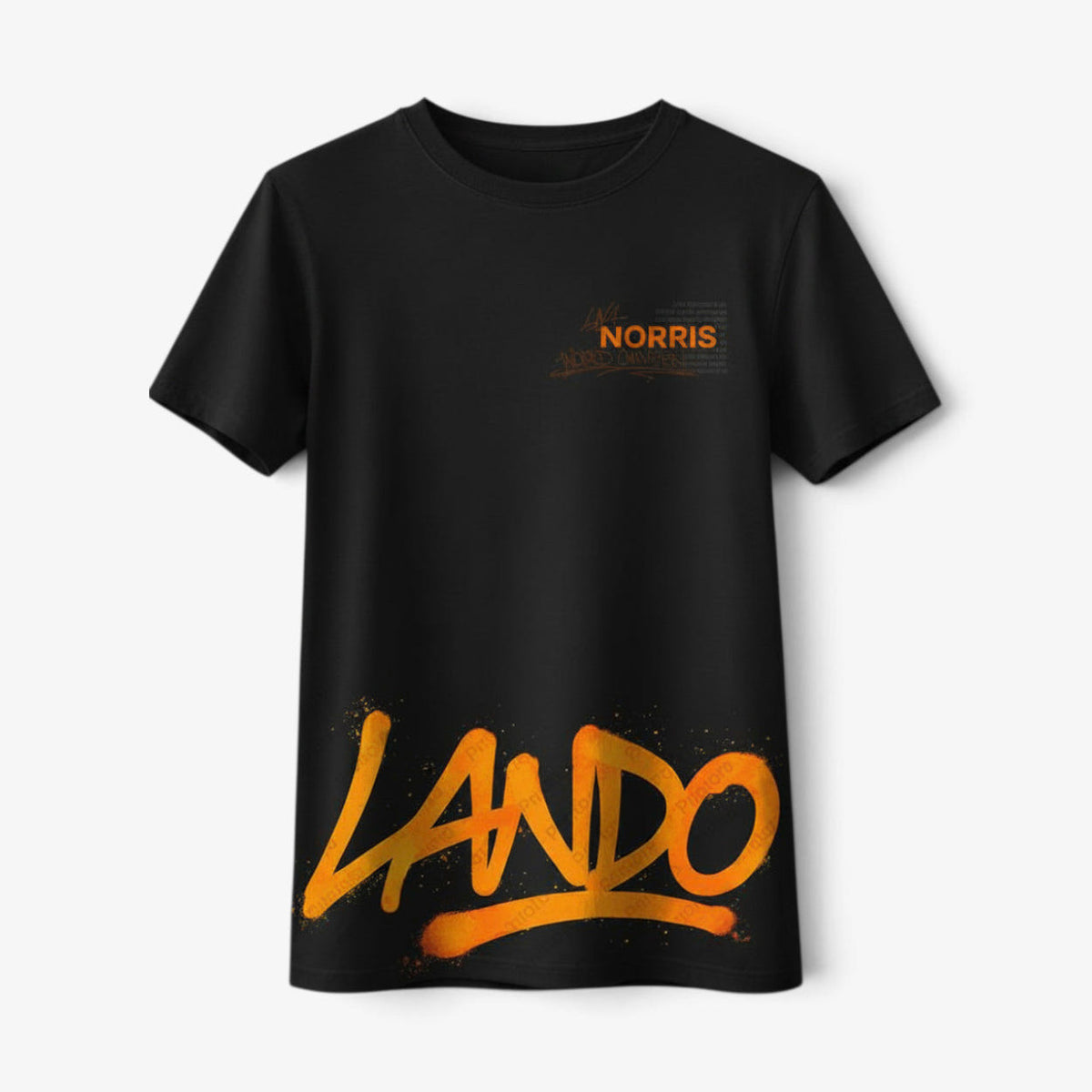 Black Lando Norris inspired graphic T-shirt with orange lower-front Lando print and Norris chest detail
