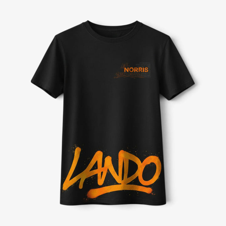 Black Lando Norris inspired graphic T-shirt with orange lower-front Lando print and Norris chest detail