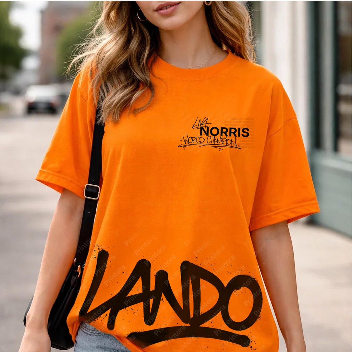 Lando Norris inspired graphic T-shirt styled in a motorsport streetwear lifestyle setting