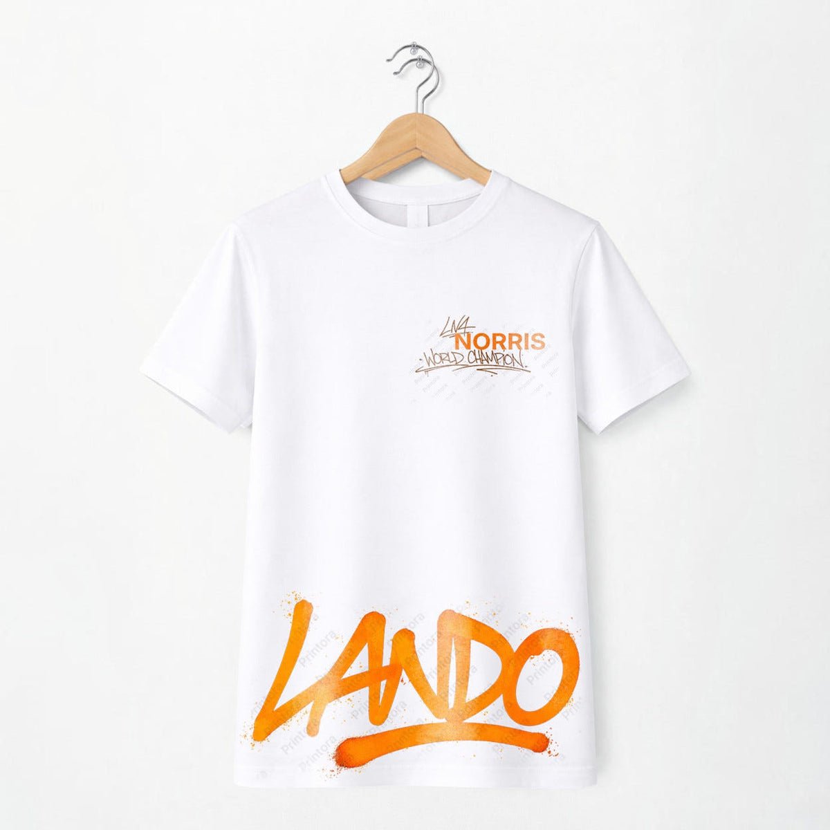 Close-up of the Lando Norris inspired graphic print on a motorsport fan T-shirt