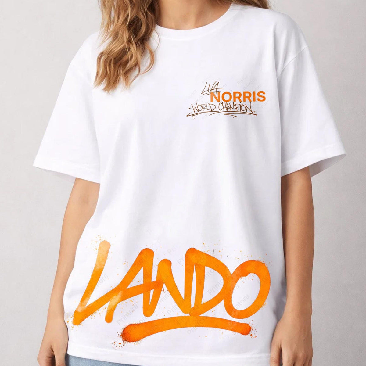 Lando Norris inspired T-shirt showing lower-front Lando graphic and chest print placement