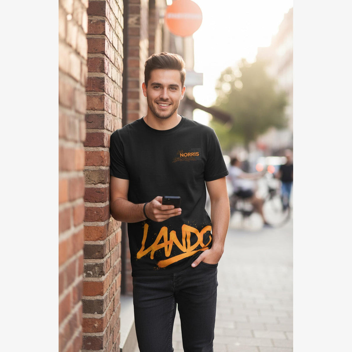 Side view of the Lando Norris inspired graphic T-shirt showing the modern motorsport design